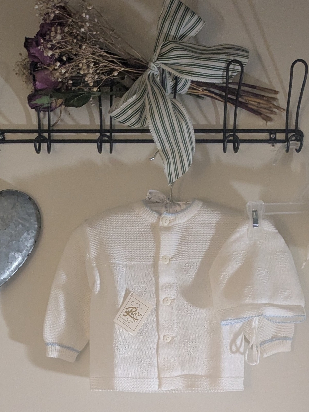 Renzo Vintage White And Blue Trim Knit Baby Cardigan & Hat Set